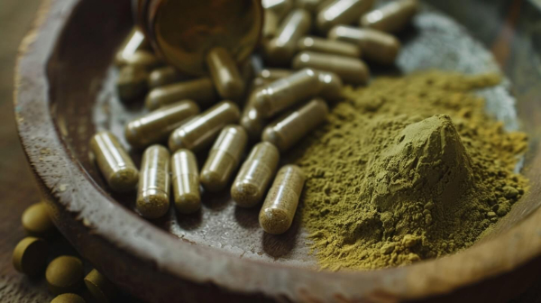 Kratom capsules and powder in a bowl 